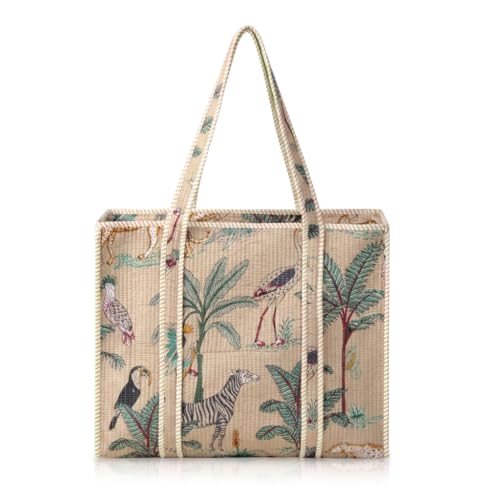 100% Cotton Floral Hand Block Print Quilted Tote Bag for Women - color: Safari Jungle Print