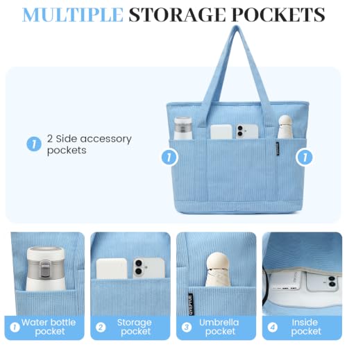 Large Canvas Tote Bag for Women, Beach Bag with Zipper, Utility Tote Bag with 3 Front Pockets, Weekender Pool Bag - color: Blue