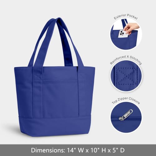 TOPDesign 1-Pack Small Canvas Tote Bag with an External Pocket, Reusable Bag, Top Zipper Closure, Daily Essentials (Blue) - color: Blue, size: Small