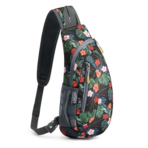 G4Free Small Sling Bag for Men Women, Crossbody Bags for Travel Outdoor | Durable Nylon Lightweight Sling Bag, Multi-Compartment, Adjustable Strap Chest Shoulder Bags Hiking Sports (Flower Black) - color: Black Flower