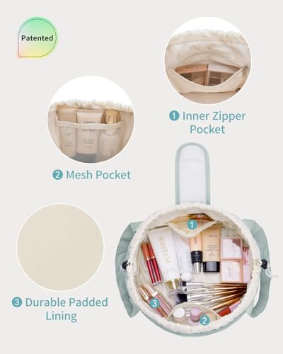 Narwey Lay Flat Drawstring Quilted Makeup Bag, Travel Toiletry Cosmetic Bag - color: B-Quilted Sage Green