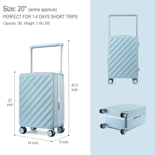 Somago Carry On Luggage Wide Handle 20 Inch Suitcase with Front Compartment Aluminum Framed PC Hardside 22x14x9 No Zipper Business Baggage with Spinner Wheels USB Charging Port TSA Lock - color: Light Blue, size: Standard 20 inch