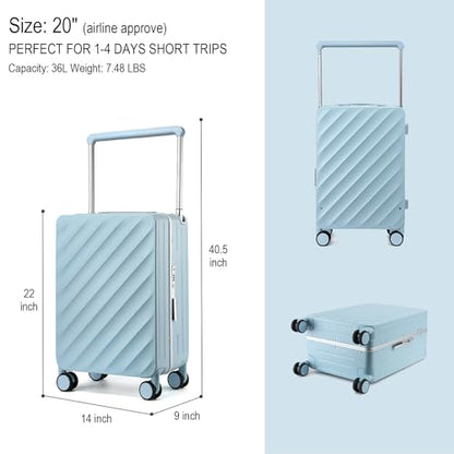Somago Carry On Luggage Wide Handle 20 Inch Suitcase with Front Compartment Aluminum Framed PC Hardside 22x14x9 No Zipper Business Baggage with Spinner Wheels USB Charging Port TSA Lock - color: Light Blue, size: Standard 20 inch