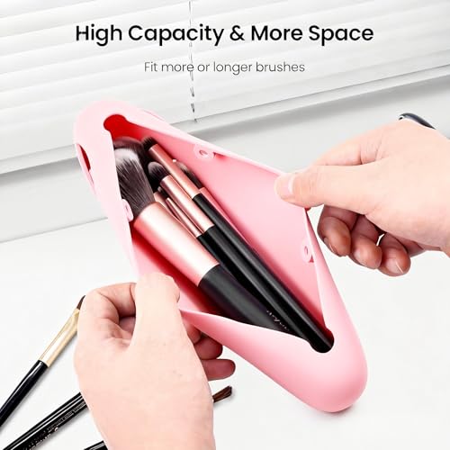 Silicone Makeup Brush Holder, Magnetic Travel Brush Organizer Case - color: Pink