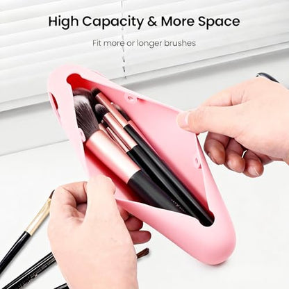 Silicone Makeup Brush Holder, Magnetic Travel Brush Organizer Case - color: Pink