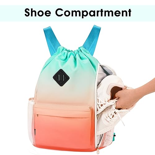 WANDF Drawstring Backpack with Shoe Compartment, Sports Gym Bag - color: L, Red-green Gradient, size: Large