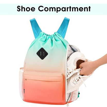 WANDF Drawstring Backpack with Shoe Compartment, Sports Gym Bag - color: L, Red-green Gradient, size: Large