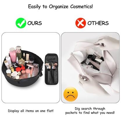 Drawstring Makeup Bag Open Lay Flat - Travel Cosmetic Organizer Bag for Women - Toiletry Bag with Brush Holder - Black, Large Capacity, Travel Essential - color: Black