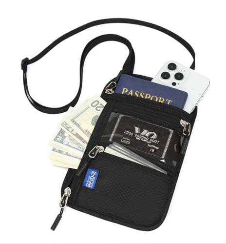 RFID Blocking Passport Holder Neck Pouch, Black, with Adjustable Shoulder Strap, Clear ID Window, Multi-Pocket Travel Wallet for Women Men