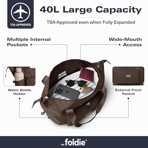The Foldie Foldable Travel Bag for Women - 40L Weekender Bag with Multiple Pockets - Carry On Expendable Travel Bag - color: Brown