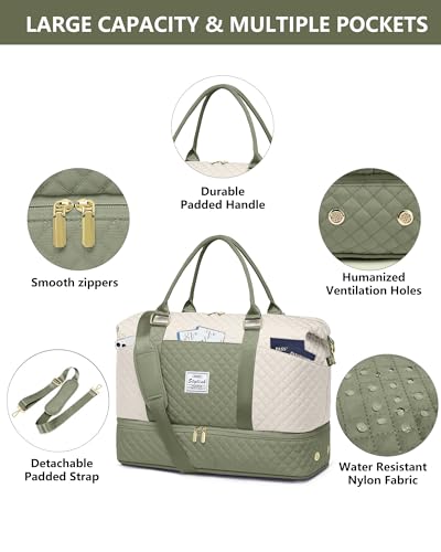 Travel Weekender Duffle Bag for Women: Overnight Bags with Shoe Compartment - color: Beige Green, size: Large