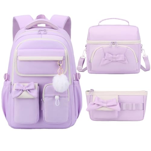 Girls School Backpack with Lunch Box Pencil Case Set, 3pcs Purple - color: 3pcs Purple