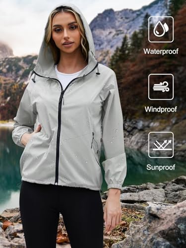 PITINAN Women's Rain Jacket Packable with Hood Lightweight Travel XS-3XL - color: Grey, size: Small