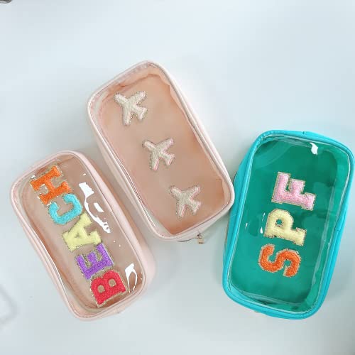 Clear Makeup Letter Bag with Chenille Letter Patch and Glitter SPF for Travel - color: Turquoise-spf