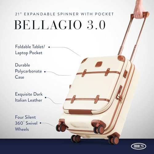 Bric's Bellagio 3.0 Spinner Trunk - Airline Approved Luxury Hardshell Carry On Luggage with Large Wheels, Telescopic Handle, Leather Detailing - Expandable Rolling Suitcase - 21" With Pocket, Cream - color: Cream, size: Carry-on with front pocket