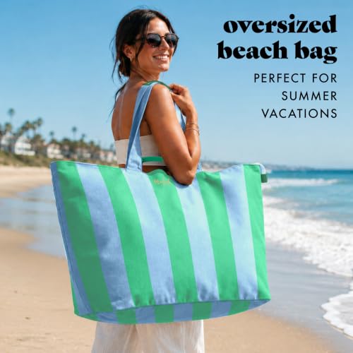 Fit & Fresh All The Things XL Beach Bag for Women, Oversized Travel Tote - color: Blue & Green Stripe