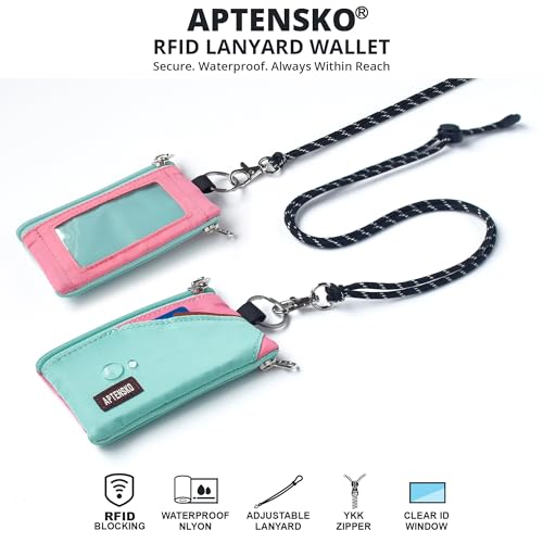 RFID Blocking Travel Wallet with Adjustable Lanyard, Small Nylon Zipper Pouch and Badge Holder for ID, Credit Cards, Cash, Keys, Commuters (Mint Aqua+Pink) - color: Mint Aqua+Pink