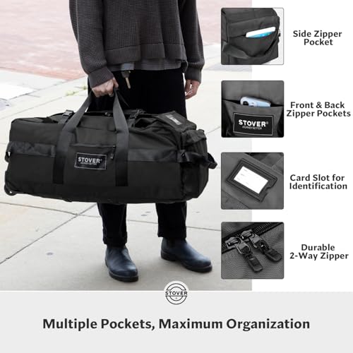 STOVER 45/80/100L Rolling Duffel Bag with Wheels, Large Durable Travel Duffle + Toiletry Bag, Heavy Duty, Packable with Shoulder Straps- Use as Luggage or Backpack, Men/Women (Black) - color: Black