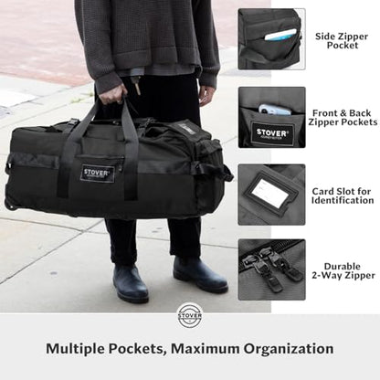 STOVER 45/80/100L Rolling Duffel Bag with Wheels, Large Durable Travel Duffle + Toiletry Bag, Heavy Duty, Packable with Shoulder Straps- Use as Luggage or Backpack, Men/Women (Black) - color: Black