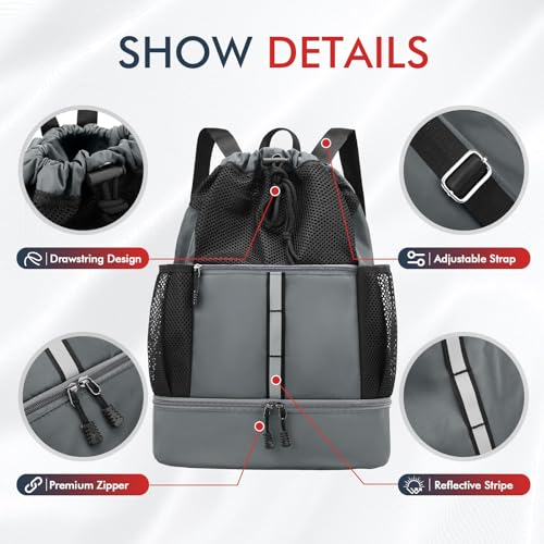 PinCute Drawstring Backpack for Men Women, Mesh Gym Bag for Beach - color: Dark Grey