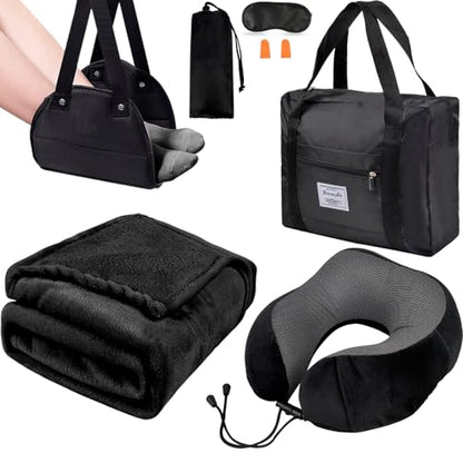Travel Pillow and Blanket Set - Foot Hammock Rest Airplane Essentials Black - color: Black