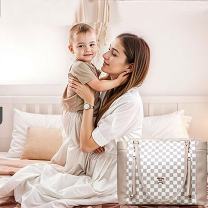 miss fong Checkered Diaper Bag Tote Leather Diaper Bag Backpack, Large Capacity Mommy Bag Hospital Bag, 12 Pockets Travel Diaper Tote with Changing Pad for Mom Plaid Tote Bag for Women-Beige&Honey - color: Beige&honey
