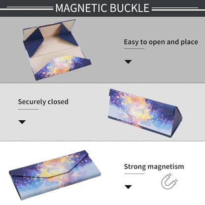 Foldable Glasses Case, Magnetic PU Leahter Sunglasses Case, Cute Hard Shell Folding Eyeglass Cases for Women Kids - color: Blue Dream