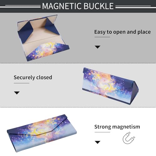Foldable Glasses Case, Magnetic PU Leahter Sunglasses Case, Cute Hard Shell Folding Eyeglass Cases for Women Kids - color: Blue Dream