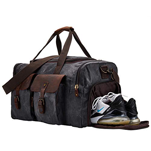 Waxed Canvas Duffel Bag with Shoe Compartment | Waxed Canvas Travel Bag for Men, Genuine Leather Trim, Shoe Compartment, Front Pockets, Weekend, Overnight and Carry-On Use - color: Dark Grey