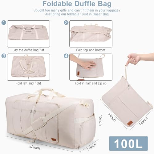 100L EXTRA LARGE Foldable Waterproof Travel Duffle Bag for Men and Women - color: Beige, size: 100L
