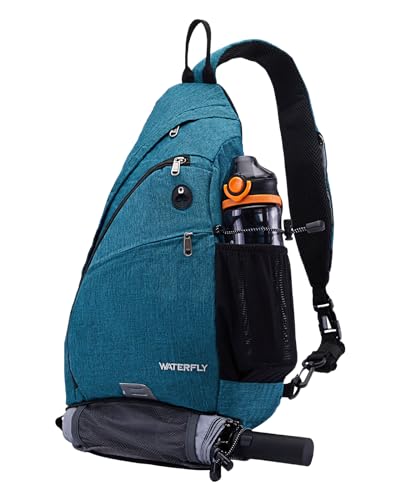 WATERFLY Large Sling Bag Crossbody Backpack Chest Pack for Men Women | 18L, Water resistant hiking daypack, 7 pockets for 13" Tablet, water bottle & umbrella pockets, Outdoor travel shoulder bag - color: Teal Blue
