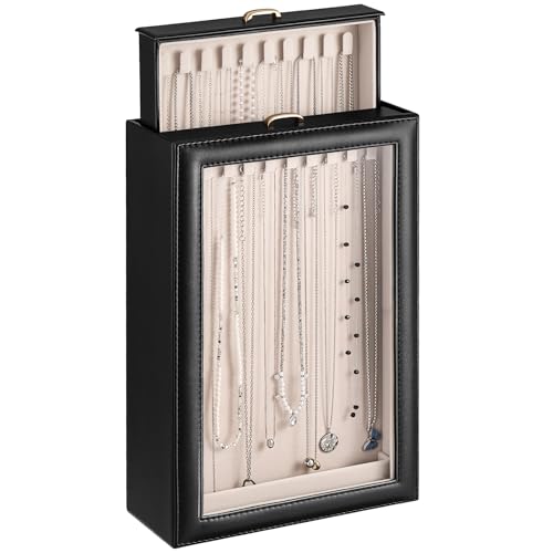 Lolalet Necklace Organizer Box, Jewelry Display Case, Black, 2 Layers - color: Black, size: 2 Layers, 20 Hooks