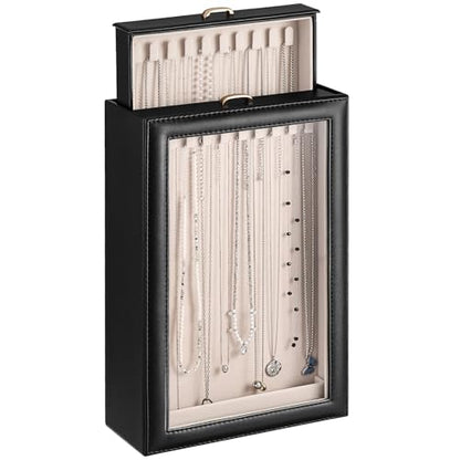 Lolalet Necklace Organizer Box, Jewelry Display Case, Black, 2 Layers - color: Black, size: 2 Layers, 20 Hooks
