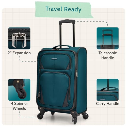 U.S. Traveler Aviron Bay Expandable Softside Luggage with Spinner Wheels, Teal, Carry-on 23-Inch - color: Teal, size: Carry-on 23-Inch