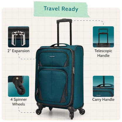 U.S. Traveler Aviron Bay Expandable Softside Luggage With Spinner Wheels, Teal, Carry-on 23-Inch - color: Teal, size: Carry-on 23-Inch