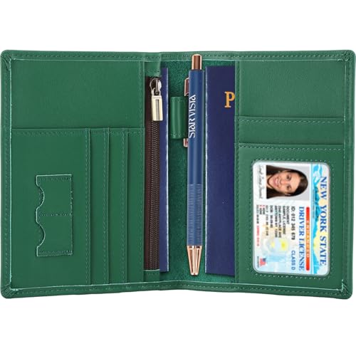 STAR VISTA Phoenix Leather Passport Holder, Calfskin Travel Wallet - RFID Blocking, ID Window, Zipper Pocket, Pen & Notebook Included, Mint - color: Mint Green B
