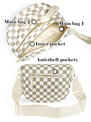 Checkered Crossbody Bag Bum Bag for Women,Spacious Fanny Packs Belt Bag - color: Khaki Beige Checkered