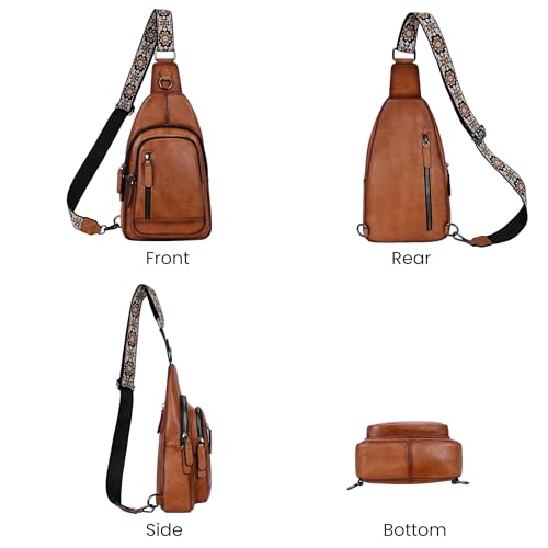 HESHE Leather Sling Bag for Women RFID Crossbody Purse Fanny Pack Chest Bag - color: Light Brown