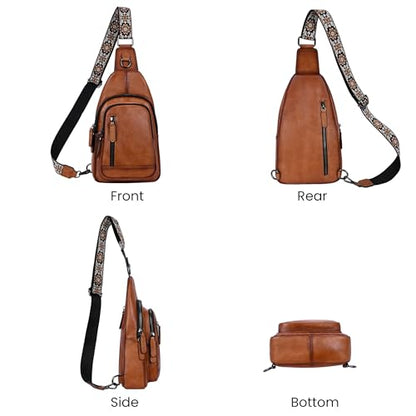 HESHE Leather Sling Bag for Women RFID Crossbody Purse Fanny Pack Chest Bag - color: Light Brown