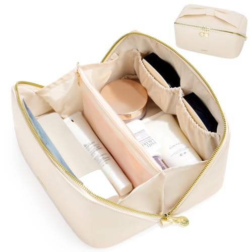 SHOWKOO Cosmetic Bag for Women, WideOpen Travel Makeup Bag with Compartment - color: Beige