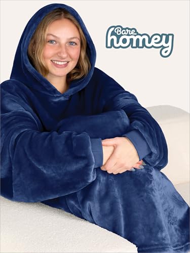 Bare Home Microplush Wearable Blanket with Side Pockets - Soft and Plush - Warm and Cozy - Adult & Kid Sizes (Adult, Dark Blue) - color: Dark Blue, style: Adult - Side Pockets