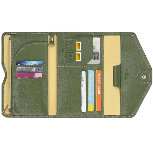 Passport Holder Travel Wallet Organizer for Women,Army Green | RFID secure, 6 card slots, 14 sim pockets, passport holder with zip-around wallet, slim fit for women travelers. - color: Army Green
