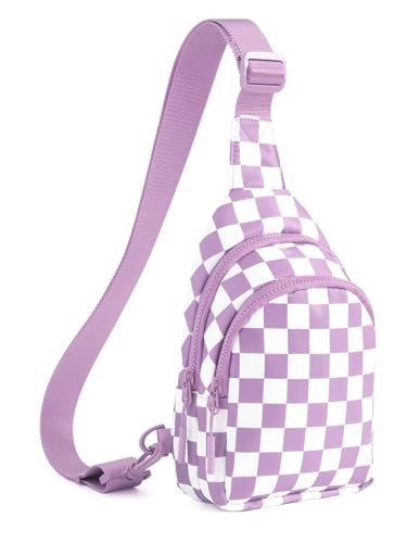 Checkered Sling Bag for Women Small Backpack Crossbody Chest Bag Fanny Packs Purses - color: Checkered Sling Bag - Light Purple
