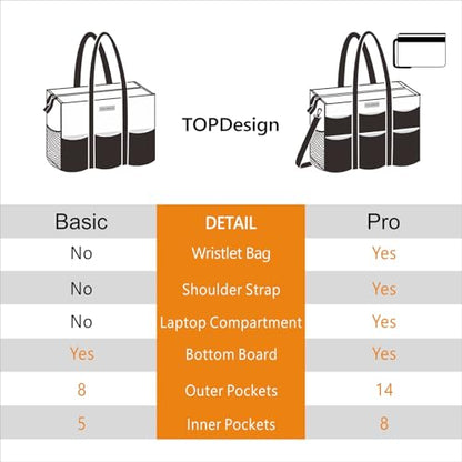 TOPDesign Utility Water Resistant Tote Bag with 22 Pockets, Zipper Closure - color: Brown, size: Large