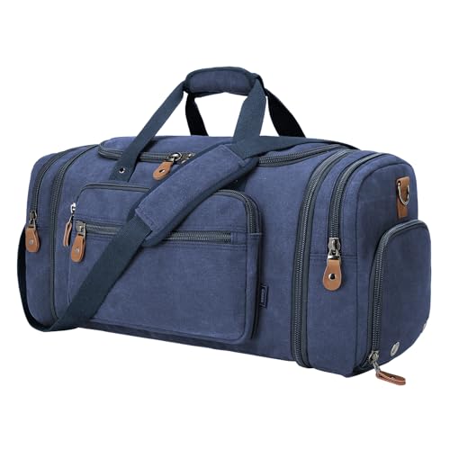 Gonex Canvas Duffle Bag, Expandable 60L Travel Overnight Weekender Bag - color: Blue, size: X-Large-60L (With Shoe Compartment)