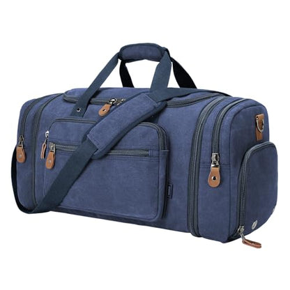 Gonex Canvas Duffle Bag, Expandable 60L Travel Overnight Weekender Bag - color: Blue, size: X-Large-60L (With Shoe Compartment)