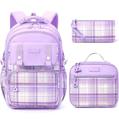 Fimibuke Kids Backpack for Girls, 3 PCS School Backpack with Lunch Box Set - color: C2.purple Plaid