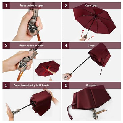 Skull Handle Windproof Travel Umbrella Compact Portable, Auto Open Close - color: 07.Wine Red