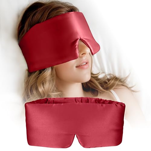 Silk Sleep Mask for Women and Men, Side Sleeper, 22 Momme Pure Mulberry Silk Total Blackout 100% Mulberry Eye Mask with Adjustable Headband Full Size, Eye Masks for Sleeping and Travel - color: Red