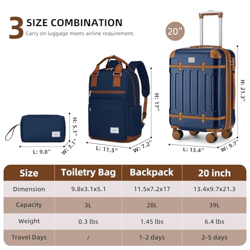LARVENDER Expandable Carry on Luggage Sets 3 Piece Suitcases Set, Navy - color: Navy Blue, size: 3 piece set(BP/TB/20)